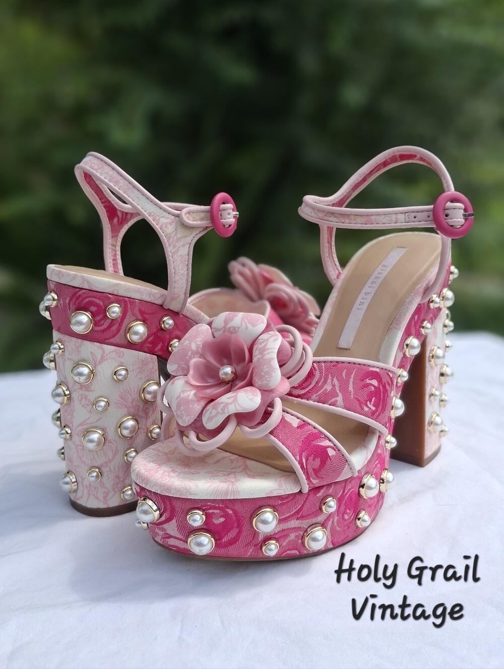 Gianni Bini Brook Two Floral Print Pearl Embellished Platform Dress Sandals 7.5